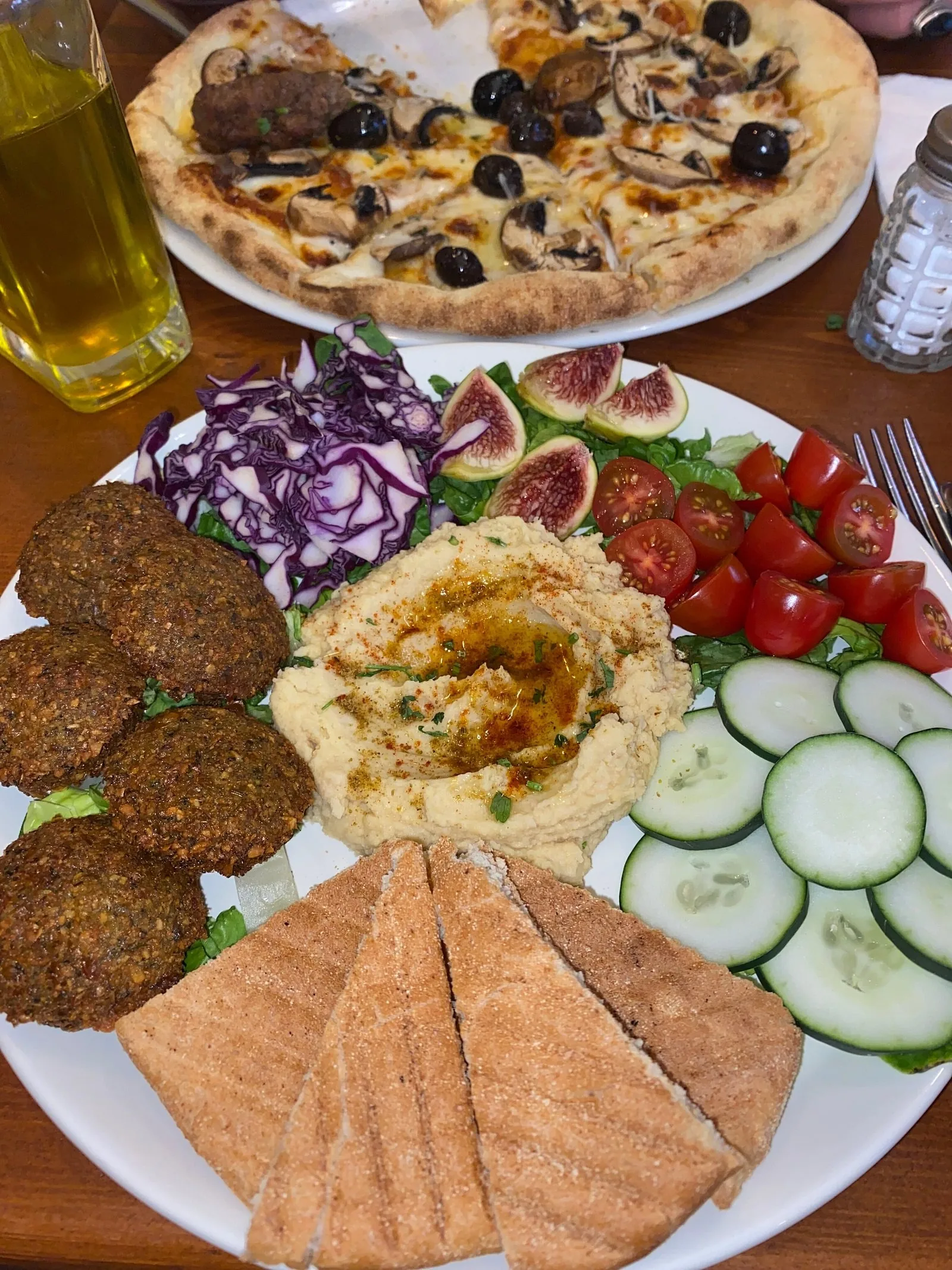 Hummus and falafel plate with warm bread at Culture Box