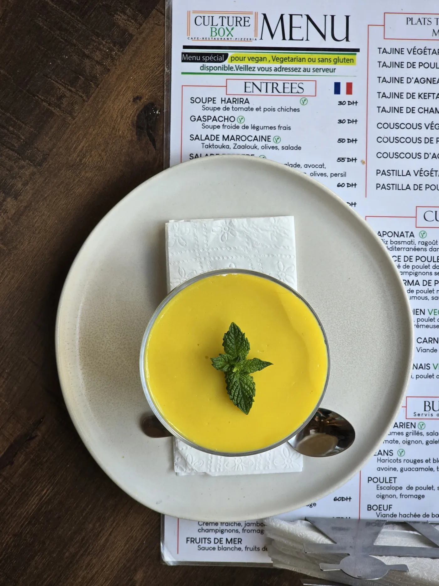 Soup of the day and a chocolate dessert on a Culture Box table